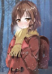  backpack bag blush boku_dake_ga_inai_machi breath brown_eyes brown_hair coat commentary female forest highres hinazuki_kayo mittens muyue nature night parted_lips randoseru red_coat red_mittens scarf short_hair sidelocks snowing solo standing toggles upper_body yellow_scarf 