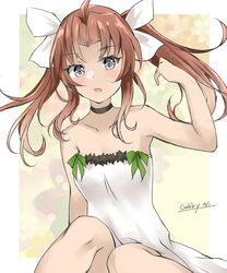  artist_name blush breasts brown_hair collarbone dated dress female gakky grey_eyes hair_ribbon kagerou_(kancolle) kagerou_kai_ni_(kancolle) kantai_collection long_hair one-hour_drawing_challenge open_mouth ribbon signature sitting solo strapless strapless_dress twintails white_dress white_ribbon 