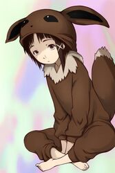  animal_ears asymmetrical_hair barefoot between_legs brown_eyes brown_hair closed_mouth cosplay e10 eevee eevee_(cosplay) eevee_ears eevee_tail fake_animal_ears feet female full_body hair_ornament hairclip hand_between_legs hood iwakura_lain looking_at_viewer poke_kid_(pokemon) pokemon pokemon_ears pokemon_swsh pokemon_tail serial_experiments_lain short_hair sitting solo tail x_hair_ornament 