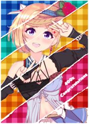  absurdres aki_rosenthal aki_rosenthal_(gothic_lolita) aki_rosenthal_(hololive_summer_2019) black_dress black_gloves blonde_hair blue_skirt bob_cut breasts cleavage clothing_cutout double_v dress english_commentary female flower gloves hair_behind_ear hat hat_flower highres hololive hololive_idol_uniform idol_clothes leaning_to_the_side looking_at_viewer medium_breasts milestone_celebration navel official_alternate_costume parted_bangs purple_eyes red_flower rudeus_(steban_sharnak) short_hair skirt solo split_screen stomach_cutout straight-on straw_hat v virtual_youtuber 