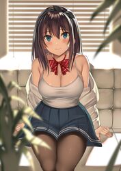  arm_support arms_at_sides backlighting bare_shoulders blue_eyes blue_skirt blurry bow bowtie breasts brown_hair brown_pantyhose camisole cleavage closed_mouth collarbone couch depth_of_field female grey_shirt hair_between_eyes hair_ribbon kureha_(ironika) large_breasts long_hair looking_at_viewer miniskirt off_shoulder on_couch original pantyhose plant pleated_skirt red_bow red_bowtie ribbon shirt shirt_tucked_in sitting skirt smile solo spaghetti_strap striped_bow striped_bowtie striped_clothes tsubasa_(kureha) window_blinds 