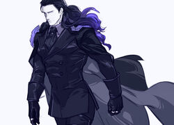  1boy alter_servant black_cape black_hair black_jacket black_suit cape clenched_hand collared_shirt fate/grand_order fate_(series) formal gloves gradient_hair hair_slicked_back highres jacket jewelry long_hair long_sleeves male_focus multicolored_hair necktie nikola_tesla_(fate) purple_eyes purple_hair ring shirt simple_background solo suit viscontiapclyps white_background 