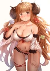  ahoge anila_(granblue_fantasy) anila_(summer)_(granblue_fantasy) aqua_(popogori) bare_shoulders belly_chain bikini black_bikini blonde_hair blush breasts cleavage collarbone detached_sleeves draph female granblue_fantasy horns jewelry large_breasts layered_bikini long_hair looking_at_viewer navel official_alternate_costume parted_lips revision sheep_horns short_eyebrows simple_background swimsuit thighs very_long_hair white_bikini wide_sleeves yellow_eyes 