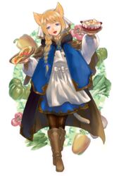  animal_ears bell_pepper black_pantyhose blonde_hair blue_eyes boots bowl braid brown_footwear cck_(ops) fangs female food full_body green_pepper hase_mito_klein holding holding_bowl holding_food long_sleeves looking_at_viewer pantyhose pixiv_fantasia pixiv_fantasia_mountain_of_heaven solo standing tail tomato vegetable 