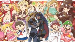  3girls 6+boys \m/ amamiya_ren animal_crossing blonde_hair breasts bridal_veil cheerleader cleavage cloud_strife commentary cosplay crossdressing crossover dress facial_hair fatal_fury final_fantasy final_fantasy_vii final_fantasy_vii_remake fire_emblem fire_emblem_awakening furono_(fuloru) genderswap_(mtf) gerudo_set_(zelda) hand_on_another&#039;s_chest hand_on_another&#039;s_shoulder hat highres index_finger_raised link lipstick looking_at_viewer lucina_(fire_emblem) luigi makeup mario mario_&amp;_luigi:_superstar_saga mario_&amp;_luigi_rpg mario_(series) moustache multiple_boys multiple_crossover multiple_girls one_eye_closed otoko_no_ko outstretched_hand persona persona_5 persona_5:_dancing_star_night persona_dancing pointing pointing_at_viewer pom_pom_(cheerleading) princess_peach princess_peach_(cosplay) rule_63 school_uniform sheik skirt snk_heroines:_tag_team_frenzy spiked_hair super_mario_odyssey super_smash_bros. sweatdrop terry_bogard the_king_of_fighters the_legend_of_zelda the_legend_of_zelda:_breath_of_the_wild the_legend_of_zelda:_ocarina_of_time the_legend_of_zelda:_tri_force_heroes tiara toon_link trait_connection turban v veil villager_(animal_crossing) wedding_dress 