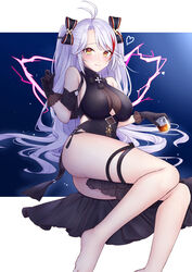  absurdres alcohol antenna_hair ass azur_lane bare_shoulders barefoot black_dress black_gloves blush bow breasts center_opening clothing_cutout commentary cross dress feet feet_out_of_frame female gloves heart highres iron_cross jyu-so legs light_purple_hair long_hair looking_at_viewer mole mole_on_breast multicolored_bow multicolored_hair oerba_yun_fang official_alternate_costume outside_border prinz_eugen_(azur_lane) prinz_eugen_(cordial_cornflower)_(azur_lane) red_hair see-through shoulder_cutout sideboob solo streaked_hair thigh_strap twintails two-tone_hair underboob_cutout very_long_hair whiskey yellow_eyes 