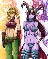  2girls alien_girl blonde_hair clothed female midriff psyme purple_skin sageofotherworlds scarlet short_pigtails sigma_star_saga tied_hair 