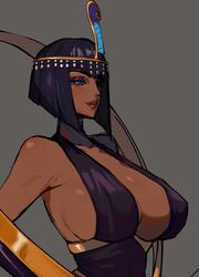  bare_shoulders blue_eyes breasts commentary dark-skinned_female dark_skin dress eliza_(skullgirls) ennuigrl female grey_background highres huge_breasts light_smile lips parted_lips sideboob simple_background skullgirls smile solo upper_body 