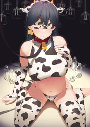  animal_ears animal_print bare_shoulders bell black_hair blush bottle breasts cow_ears cow_girl cow_horns cow_print cow_tail cowbell elbow_gloves fake_animal_ears female fingerless_gloves gloves hair_between_eyes highres horns kantai_collection large_breasts long_hair moose_(moosemitchell2) navel parted_lips shadow sitting solo tail ushio_(kantai_collection) wariza white_gloves white_legwear 