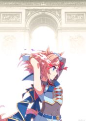  animal_ears arc_de_triomphe armpits arms_up belt blue_cape blue_eyes blush braid breasts brown_hair cape commentary covered_navel dixie_cup_hat ears_through_headwear female french_commentary gloves glowing glowing_eye hat highres horse_ears horse_girl horse_tail looking_at_viewer medium_breasts medium_hair midriff military_hat navel scalizo simple_background single_braid solo tail twitter_username umamusume uniform upper_body venus_paques_(umamusume) white_background white_hat 