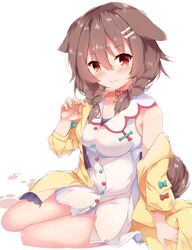  :3 animal_collar animal_ears arm_support bare_shoulders blush bone_hair_ornament braid breasts brown_hair cartoon_bone claw_pose closed_mouth collar collared_dress commentary_request dog_ears dog_girl dog_tail dress fangs fangs_out female fuuna hair_ornament hair_over_shoulder hand_up highres hololive inugami_korone inugami_korone_(1st_costume) jacket long_hair looking_at_viewer low_twintails medium_breasts nail_polish off_shoulder open_clothes open_jacket red_collar red_eyes sitting sleeveless sleeveless_dress smile solo tail twin_braids twintails virtual_youtuber white_background white_dress yellow_jacket yellow_nails yokozuwari 