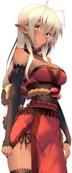  absurdres antenna_hair bare_shoulders blonde_hair blush breasts cleavage closed_mouth commentary_request dark-skinned_female dark_elf dark_skin detached_sleeves elf female hair_between_eyes highres jun_(aousa0328) large_breasts long_hair looking_at_viewer obi pointy_ears rope sansei_muramasa sash shimenawa simple_background solo soukou_akki_muramasa thighs white_background yellow_eyes 