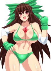  bad_id bad_pixiv_id bare_shoulders bikini blush bow breasts brown_hair cleavage collarbone compression_sleeve female fingerless_gloves gloves green_bikini green_bow green_gloves hairbow hand_on_own_hip highres large_breasts long_hair looking_at_viewer micro_bikini navel open_mouth red_eyes reiuji_utsuho shetake shiny_skin smile solo swimsuit touhou touhou_tag_dream very_long_hair 