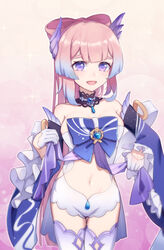  bare_shoulders blue_hair blunt_bangs bow bow-shaped_hair bowtie breasts cleavage cowboy_shot detached_collar female frilled_sleeves frills genshin_impact gloves hair_ornament highres lifting_own_clothes ling_huanxiang long_hair looking_at_viewer midriff multicolored_hair navel open_mouth pink_background pink_hair purple_eyes sangonomiya_kokomi short_shorts shorts simple_background smile solo sparkle stomach sweatdrop thighhighs two-tone_hair white_gloves wide_sleeves 