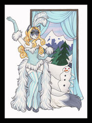  3:4 anthro black_border blonde_hair border breasts burlesque clothed clothing corset cute_fangs detailed_background domestic_cat felid feline felis female gloves green_eyes hair handwear jenevieve_dubois legwear lingerie luthien_nightwolf mammal siamese snow snowman solo stockings topwear traditional_media_(artwork) 