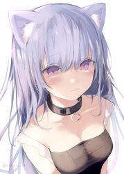  absurdres animal_ear_fluff animal_ears bad_id bad_pixiv_id bare_shoulders black_dress blush breasts cat_ears closed_mouth commentary_request dress female hair_between_eyes highres long_hair looking_at_viewer medium_breasts off-shoulder_dress off_shoulder original purple_eyes purple_hair simple_background solo twitter_username upper_body very_long_hair white_background yukari_(rihenara_doll) 