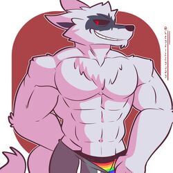  1:1 abs anthro biceps canid canine canis clothed clothing death_(puss_in_boots) digital_media_(artwork) dreamworks english_text fizzyjay fur grey_body grey_fur hi_res lgbt_pride looking_at_viewer male mammal muscular muscular_anthro muscular_male pecs pride_color_clothing pride_color_underwear pride_colors puss_in_boots_(dreamworks) rainbow_pride_colors red_eyes simple_background six-stripe_rainbow_pride_colors smile solo super_gay teeth text text_on_clothing text_on_underwear underwear undressing wolf 