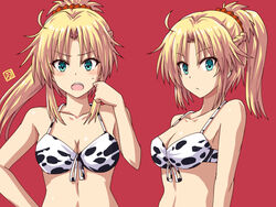  bare_shoulders bikini blonde_hair blush braid breasts cleavage collarbone fate/apocrypha fate_(series) female green_eyes hair_ornament hair_scrunchie half_up_braid haura_akitoshi long_hair looking_at_viewer medium_breasts mordred_(fate) mordred_(fate/apocrypha) multiple_views navel open_mouth parted_bangs ponytail red_background scrunchie sidelocks swimsuit white_bikini 