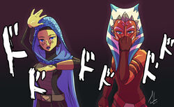  2girls ahsoka_tano barriss_offee belt blue_eyes colored_skin fausto fingerless_gloves gloves green_skin jojo_no_kimyou_na_bouken jojo_pose jonathan_joestar&#039;s_pose_(jojo) lips meme mirialan multiple_girls orange_skin parody pose star_wars star_wars:_the_clone_wars togruta 