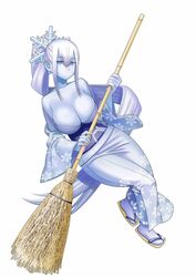  bare_shoulders blue_eyes blue_hair blue_skin blue_theme breasts broom cleavage collarbone colored_skin commentary_request cover_image downblouse female floating full_body hair_between_eyes hair_ornament highres holding holding_broom japanese_clothes kimono large_breasts long_hair monster_musume_no_iru_nichijou official_art okayado ponytail sandals sidelocks simple_background snowflake_hair_ornament snowflake_print solo very_long_hair white_background white_hair wide_sleeves yuki_onna yukio_(monster_musume) 