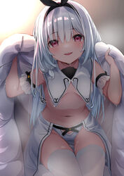  absurdres bare_shoulders black_hairband black_ribbon blurry blurry_background blush breasts commentary_request depth_of_field female groin hair_between_eyes hair_ribbon hairband hands_up hashiko_nowoto highres long_hair looking_at_viewer navel nei_(hashiko_nowoto) original parted_lips pink_eyes red_eyes ribbon sitting skirt small_breasts smile solo sweat teeth thighhighs under_covers upper_teeth_only very_long_hair white_hair white_skirt white_thighhighs 