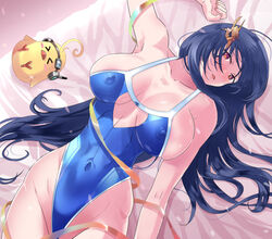  alternate_costume alternate_hairstyle arm_up azur_lane bed_sheet breasts center_opening cleavage covered_nipples cowboy_shot female hair_down headset highleg highleg_swimsuit ishizu_kayu large_breasts long_hair lying manjuu_(azur_lane) on_back on_bed one-piece_swimsuit red_eyes ribbon swimsuit taihou_(azur_lane) 