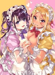  2girls :d absurdres alternate_costume apron black_hair blonde_hair blue_neckwear blue_ribbon bow bowtie breast_press breasts cleavage commentary earrings enmaided frilled_hairband frills grin gyaru hair_between_eyes hair_ornament hairband hairclip headdress heart highres himekawa_(shashaki) holding_hands interlocked_fingers jewelry kinjyou_(shashaki) large_breasts long_hair looking_at_viewer maid maid_apron maid_headdress mole mole_on_breast mole_under_eye multiple_girls nail_polish open_mouth original pink_nails puffy_short_sleeves puffy_sleeves purple_eyes purple_nails red_bow red_bowtie red_eyes red_ribbon ribbon shashaki short_sleeves sidelocks simple_background smile symmetrical_docking symmetrical_hand_pose two_side_up wrist_cuffs 