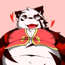  1:1 2018 anthro bear belly fanfan fur giant_panda heart_symbol hi_res kemono mammal overweight overweight_anthro pink_background red_body red_fur simple_background solo tongue tongue_out utamu_d28 white_body white_fur 