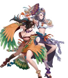  2girls armpits bare_shoulders breasts brown_hair cleavage closed_mouth detached_sleeves ekao feathers fire_emblem fire_emblem_fates fire_emblem_heroes geta hair_over_one_eye hand_fan hand_up highres holding japanese_clothes jewelry kagero_(fire_emblem) kagero_(winds_offered)_(fire_emblem) kimono large_breasts legs long_hair midriff multiple_girls navel necklace non-web_source obi official_art orochi_(fire_emblem) orochi_(winds_offered)_(fire_emblem) ponytail purple_eyes purple_hair red_eyes sandals sash short_kimono side_slit skirt smile stomach toeless_footwear toenails toes transparent_background wide_sleeves 