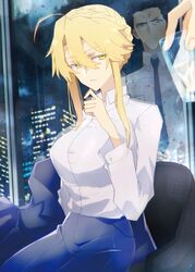  1boy agravain_(fate) ahoge artoria_pendragon_(fate) artoria_pendragon_(lancer)_(fate) aunt_and_nephew black_hair black_necktie black_pants blonde_hair braid breasts collared_shirt cup fate/grand_order fate_(series) female french_braid furrowed_brow green_eyes hair_between_eyes highres holding holding_cup large_breasts long_sleeves necktie nogi_(acclima) open_mouth pants reflection shirt short_hair white_shirt 