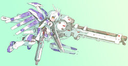  beam_cannon beam_rifle char&#039;s_counterattack char&#039;s_counterattack_-_beltorchika&#039;s_children commentary energy_gun female fin_funnels funnels_(gundam) gundam hi-nu_gundam mecha_musume nakayama_tooru science_fiction shield short_hair sidelocks solo v-fin weapon white_hair yellow_eyes 