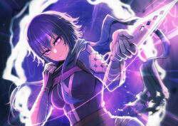  absurdres apex_legends belt black_bodysuit black_gloves black_scarf blue_hair bodysuit breasts brown_belt commentary cosplay dark_blue_hair female gloves hair_between_eyes highres holding holding_knife hope&#039;s_dusk_(apex_legends) ichinose_uruha kiiro_(cocoa080) knife kunai looking_to_the_side lupinus_virtual_games medium_breasts portal_(object) purple_eyes scarf short_hair smile solo v-shaped_eyebrows virtual_youtuber vspo! weapon wraith_(apex_legends) wraith_(apex_legends)_(cosplay) 