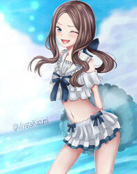  ;d absurdres alternate_costume arms_behind_back bare_shoulders black_bow blue_eyes blue_sky blush bow breasts brown_hair day fate/grand_order fate_(series) female forehead frilled_shirt frilled_skirt frills hairbow highres innertube leonardo_da_vinci_(fate) leonardo_da_vinci_(rider)_(fate) long_hair looking_at_viewer miniskirt miyata_kazumi navel one_eye_closed open_mouth parted_bangs ponytail sailor_collar shirt sidelocks skirt sky small_breasts smile solo swim_ring thighs white_shirt white_skirt 