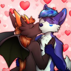  1:1 anthro blue_body blue_fur canid canine canis chest_fur closed_eyes dipstick_tail dragon duo fur hair happy heart_symbol hi_res horn itsflamb_(character) jebbthefoxy kiss_on_lips kissing love love_handles male male/male mammal markings membrane_(anatomy) membranous_wings mythological_creature mythological_scalie mythology purple_body purple_fur scalie tail tail_markings white_body white_fur wings wolf 