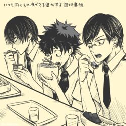  3boys boku_no_hero_academia burn_scar buthikireta chopsticks commentary_request eating food fork freckles glass glasses holding holding_chopsticks holding_fork iida_tenya male_focus midoriya_izuku multiple_boys necktie noodles open_mouth scar scar_on_face school_uniform sepia shirt short_hair short_necktie sitting spot_color todoroki_shouto twitter_username u.a._school_uniform upper_body 