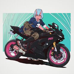  blue_hair colored_skin copyright_request female gloves handa_shuuhei highres horns knee_pads looking_at_viewer motor_vehicle motorcycle open_mouth red_skin shoes skirt sleeves_rolled_up smile sneakers solo yellow_eyes 