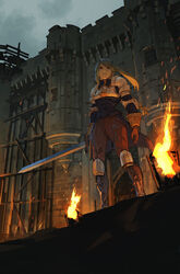  agrias_oaks armor bad_id bad_twitter_id battlement blonde_hair boots braid braided_ponytail brown_gloves brown_pants building castle closed_mouth cloud cloudy_sky female final_fantasy final_fantasy_tactics fire fortress from_below gloves high_collar highres holding holding_sword holding_weapon knight long_hair midoriimo_(9ne8n) outdoors pants shoulder_armor single_braid sky solo sword twilight wall weapon 