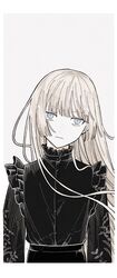  alternate_costume black_shirt black_skirt blonde_hair blue_eyes blunt_bangs closed_mouth cropped_torso dress_shirt expressionless fate_(series) female floral_print frilled_shirt frills hatching_(texture) highres long_hair long_sleeves looking_at_viewer lord_el-melloi_ii_case_files pale_skin reines_el-melloi_archisorte sakanomachico shirt simple_background skirt solo upper_body white_background 