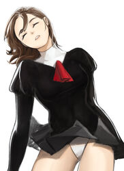  agent_aika aika_(series) ascot azelweien bad_id bad_pixiv_id black_delmo black_jacket black_skirt brown_hair closed_eyes commentary_request covered_nipples delmogeny_uniform female highres jacket juliet_sleeves long_hair long_sleeves navel open_mouth panties pantyshot pleated_skirt puffy_sleeves red_ascot rika_(agent_aika) short_hair skirt sleeping solo traditional_media underwear uniform white_panties 