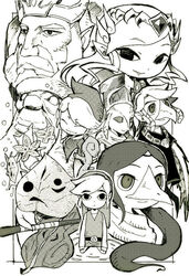  2girls 4boys akira-riku beak daphnes_nohansen_hyrule graphite_(medium) komali korok link makar master_sword md5_mismatch medli multiple_boys multiple_girls princess_zelda rito the_legend_of_zelda the_legend_of_zelda:_the_wind_waker toon_link traditional_media translation_request zora 