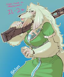  2018 anthro blue_background blush borzoi breasts canid canine canis clothed clothing domestic_dog female fluffy fluffy_tail fur hair hi_res holding_object holding_weapon hunting_dog long_hair looking_at_viewer mammal portrait ranged_weapon red_eyes shion_humine sighthound simple_background solo sturmovik_(hideki_kaneda) tail text three-quarter_portrait tongue tongue_out weapon weapon_on_shoulder white_body white_fur 