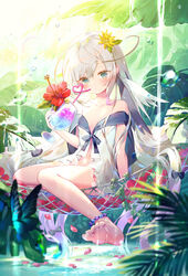  barefoot black_bow black_sailor_collar blush bow closed_mouth commentary_request crazy_straw cup day dress drinking_straw female flower green_eyes grey_hair hair_between_eyes hair_flower hair_ornament hammock heart_straw highres holding holding_cup ibara_riato long_hair looking_at_viewer navel off_shoulder official_art original petals red_flower sailor_collar sailor_dress sitting soles solo sunlight very_long_hair water water_drop wet white_dress yellow_flower 