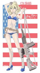  absurdres alternate_costume american_flag artist_name assault_rifle bikini blonde_hair blue_bikini blue_footwear breasts character_name cleavage colorado_(kancolle) female grey_eyes gun gun_sling headgear high_heels highres holding holding_gun holding_weapon kantai_collection large_breasts looking_at_viewer ohio_ordnance_hcar open_mouth rifle short_hair solo swimsuit tada_(tactical_tada) weapon 