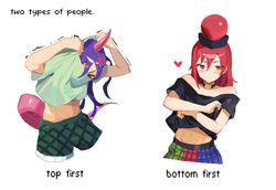  &gt;_&lt; 2girls anger_vein black_headwear black_shirt blush closed_mouth green_shirt green_shorts hair_between_eyes hecatia_lapislazuli highres horns long_hair multicolored_clothes multicolored_skirt multiple_girls off-shoulder_shirt off_shoulder purple_hair purple_horns red_eyes red_hair shirt short_sleeves shorts simple_background single_horn skirt t-shirt tail teasmacker tenkajin_chiyari touhou undressing white_background 