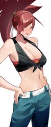  bandeau belt blue_pants blush breasts cleavage commentary_request crop_top female flannery_(pokemon) hands_on_own_hips highres large_breasts long_hair looking_at_viewer looking_to_the_side midriff navel open_mouth pants partial_commentary pokemon pokemon_oras ponytail red_bandeau red_eyes red_hair shirt simple_background small_head solo sweat teeth tied_shirt upper_teeth_only white_background white_belt yuuyuu_(yuuki1771) 