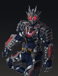  1other adapted_costume alternate_costume animal_ears armor assault_wolf black_background blue_bodysuit bodysuit cowboy_shot forceriser glowing glowing_eyes kamen_rider kamen_rider_01_(series) kamen_rider_naki progrise_key red_eyes skaphel wolf wolf_ears 