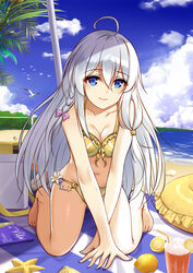  ahoge bare_shoulders beach bikini bird blue_eyes braid breasts cleavage collarbone commentary day elaina_(majo_no_tabitabi) female flan_(seeyouflan) food fruit hair_between_eyes highres innertube lemon long_hair looking_at_viewer majo_no_tabitabi medium_breasts navel outdoors palm_tree seagull side_braid single_braid smile solo starfish striped_bikini striped_clothes swim_ring swimsuit tree very_long_hair water white_hair yellow_bikini 