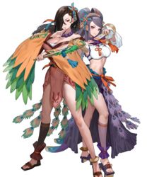  2girls bare_shoulders breasts brown_hair cleavage closed_mouth detached_sleeves ekao feathers feet fire_emblem fire_emblem_fates fire_emblem_heroes folded_fan folding_fan full_body geta hair_ornament hair_over_one_eye hand_fan highres holding japanese_clothes jewelry kagero_(fire_emblem) kagero_(winds_offered)_(fire_emblem) kimono large_breasts legs lips long_hair looking_at_viewer midriff multiple_girls navel necklace non-web_source official_art orochi_(fire_emblem) orochi_(winds_offered)_(fire_emblem) purple_eyes purple_hair red_eyes reverse_grip sandals short_kimono side_slit skirt smile standing stomach toeless_footwear toenails toes transparent_background wide_sleeves 