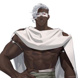  1boy abs armband artist_name bara belt biceps cape capelet dark-skinned_male dark_skin frown hand_on_hip highres looking_at_viewer male_focus manly muscular muscular_male navel o3tofu oerba_yun_fang open_mouth original paint paint_on_body pants pectorals red_eyes silver_hair solo thick_arms upper_body 