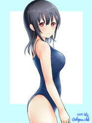  absurdres alternate_costume bad_id bad_pixiv_id black_hair blue_background blue_one-piece_swimsuit breasts dangan_kurabu dated female from_side hair_between_eyes highres kantai_collection large_breasts looking_at_viewer looking_to_the_side one-piece_swimsuit profile red_eyes short_hair smile solo swimsuit takao_(kancolle) twitter_username white_background 